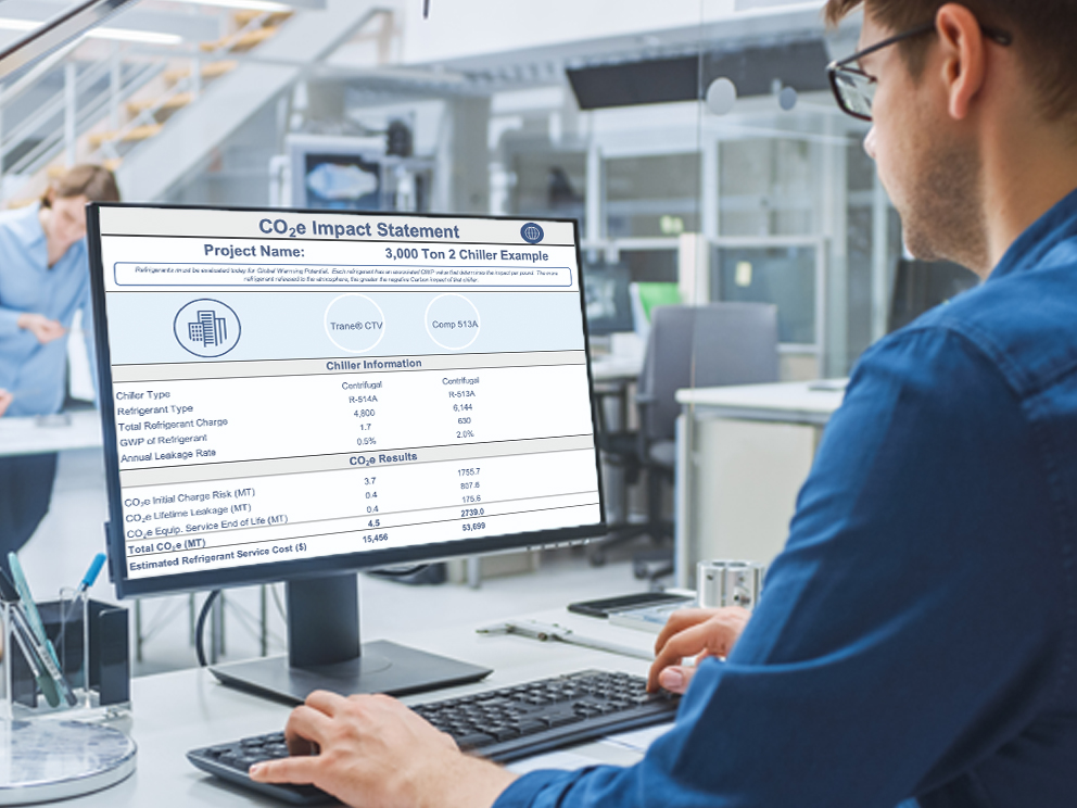 Trane myCO2e refrigerant calculator can help you evaluate different refrigerant selections in chiller products