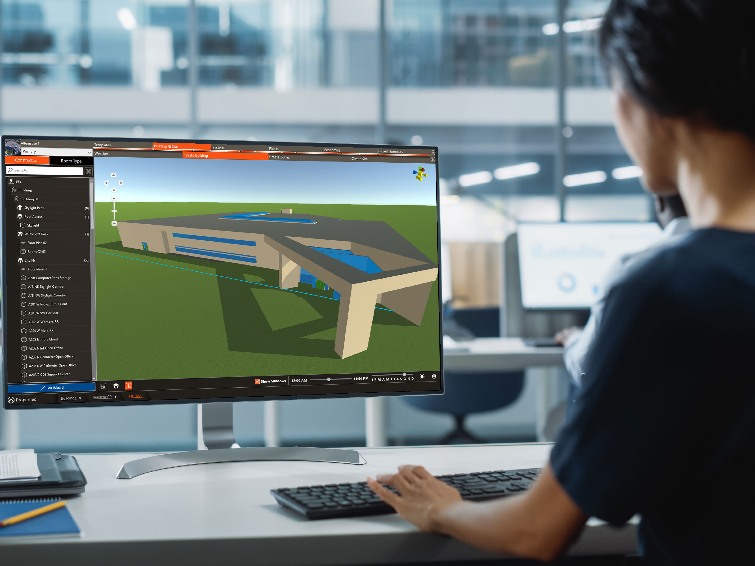 Close Up Over the Shoulder Shot of a Businesswoman Working on Desktop Computer with Chroma Key Green Screen Mock Up Display. Digital Projects Manager Typing Data, Using Keyboard and Mouse.