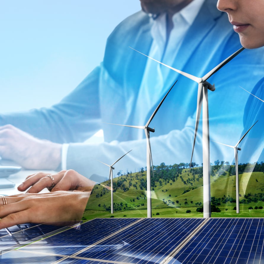 Double exposure graphic of business people working over wind turbine farm and green renewable energy worker interface. Concept of sustainability development by alternative energy.